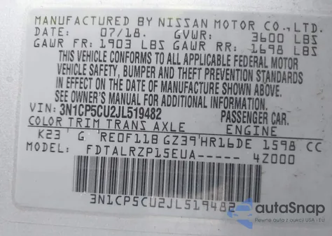 2018 Nissan Kicks S z USA, uszkodzony, nr VIN 3N1CP5CU2JL519482